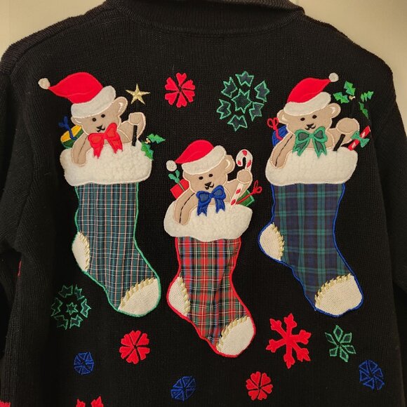 Vintage Ugly Christmas Sweater Cardigan Embroidered Teddy Bears Winter Cute - Picture 5 of 9